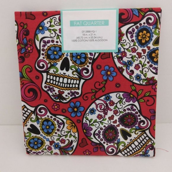 Sugar Skulls Fabric Fat Quarter Red Material 18x22 Crafts Sewing Quilting - Picture 1 of 4